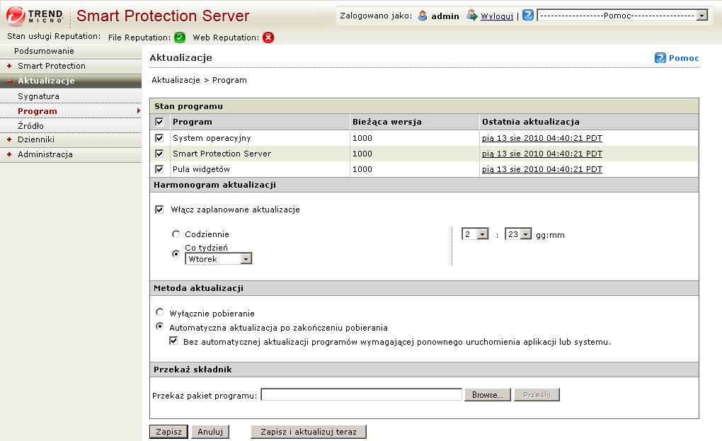 Korzystanie z serwera Smart Protection Server Aby dostosować zaplanowaną aktualizację: Ścieżka nawigacyjna: Aktualizacje > Program 1.