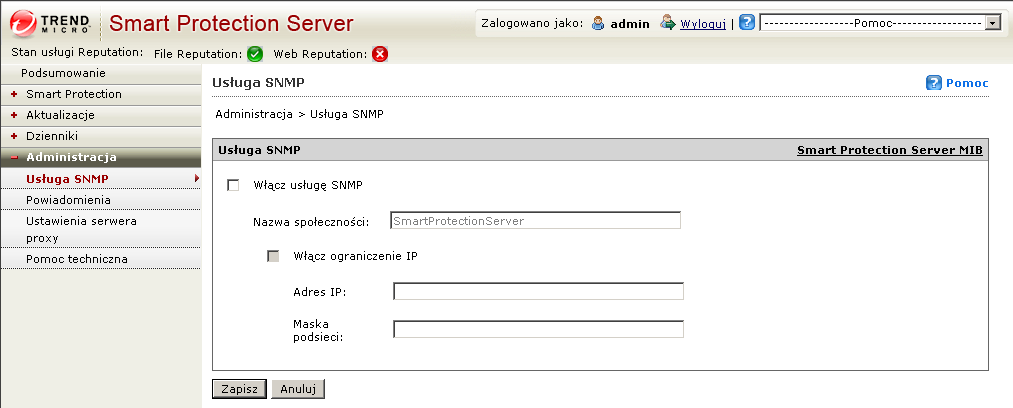 Trend Micro Smart Protection Server 2.0 Podręcznik administratora Aby skonfigurować usługę SNMP: Ścieżka nawigacyjna: Administracja > Usługa SNMP 1. Zaznacz pole wyboru Włącz usługę SNMP. 2. Określ nazwę społeczności.