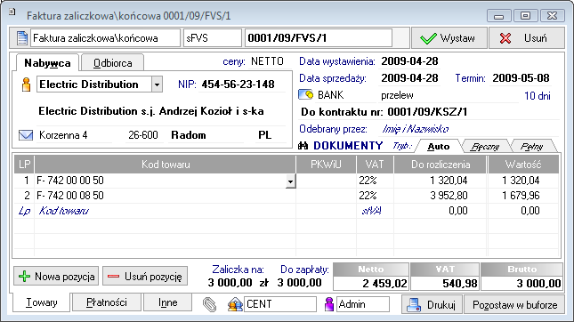 Forte Handel 8 / 14 Jeśli użytkownik zamierza wystawiać fakturę zaliczkową, to w polu Zaliczka podaje kwotę otrzymanej zaliczki.