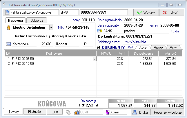 Forte Handel 9 / 14 W obu przypadkach w dole ekranu system prezentuje podaną wcześniej kwotę zaliczki (pole Zaliczka na ) oraz kwotę pozostałą do rozliczenia na wystawianym dokumencie (pole Do