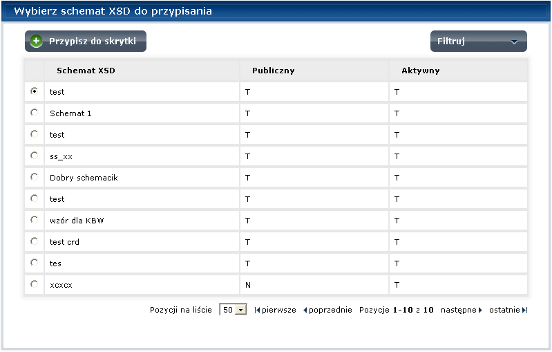 Krok 4 Na nowym ekranie Wybierz schemat XSD do przypisania i po zaznaczeniu radiobutton u naciśnij przycisk skrytki.