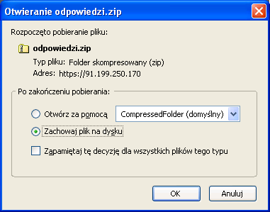 Krok 4. Po naciśnieciu przycisku użytkownik może zapisac plik na dysku lub otworzyć za pomocą innego programu. Rysunek 58 Zapisanie pliku odpowiedzi 2.11.