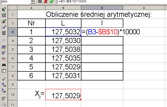 Określene przyblŝonej wartośc newadomej: x 0 L mn. Oblczene wyrazów wolnych [w decymlgradach stąd mnoŝene przez 0000]: l L x 0 Wzór w komórce C3 zawera symbol $B$0.