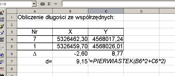 4.3. Oblczene długośc ze współrzędnych: Dane są współrzędne X Y punktów A B.