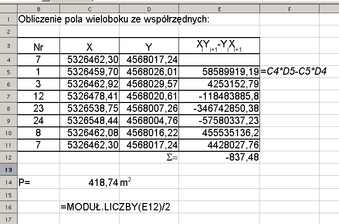 4.0.Oblczene pola weloboku ze współrzędnych Jest to jedno z częścej wykonywanych zadań geodezyjnych. Dany jest welobok, najczęścej dzałka lub parcela.