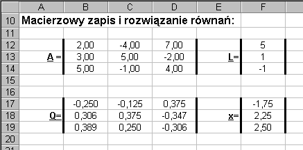 Rozwązane układu równań w arkuszu kalkulacyjnym: W obszarze (B2:D4) wpsujemy współczynnk stojące w równanach przy newadomych. Obszar ten nazywamy A.