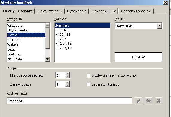 Pojawa sę wtedy okno zatytułowane Atrybuty komórek, a w nm wdoczne są zakładk zatytułowane : Lczby, Czconka, Efekty czconk, Wyrównane, Krawędze, Tło Ochrona komórek. Lczby. MoŜna tu wybrać kategorę wartośc lczbowej moŝe to być np.