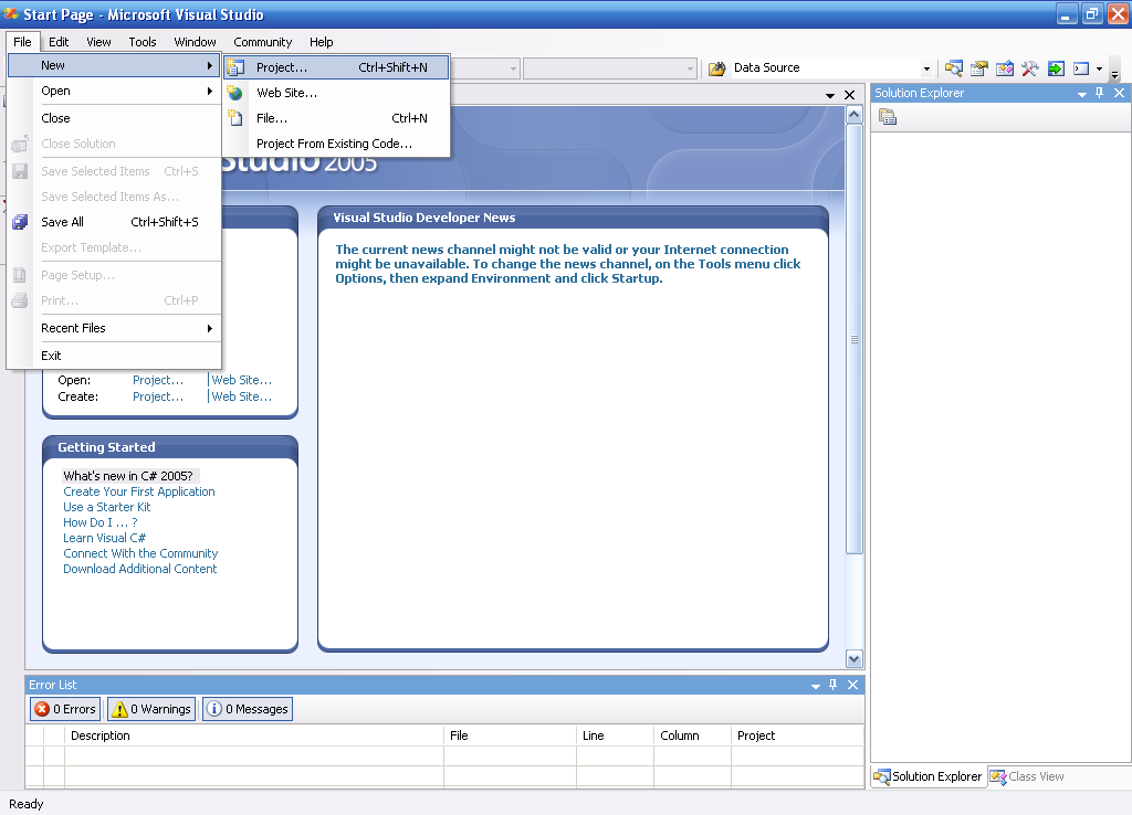 Rysunek 1 Widok głównego okna środowiska Microsoft Visual Studio 2005 W celu stworzenia nowego