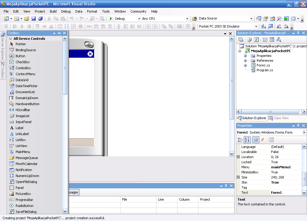 W lewej części okna widzimy zakładkę Designer a (Form1.cs[Design]), umoŝliwiającego nam graficzne komponowanie elementów tworzonej aplikacji.