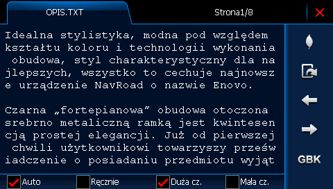 E-book W głównym menu naciśnij ikonę E-book, aby włączyć funkcje przeglądania tekstów i przejść do listy plików (1) Wyjście (2) Wybór plików (obsługiwany