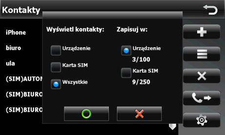 Telefon ustawienia kontaktów (1) Wybór kontaktów, które mają wyświetlać się na liście (2) Wybór miejsca, w którym konatkty mają być zapisywane, wraz z informacją o liczbie