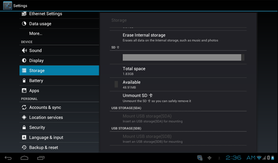 Picture 4-21 Unmount SD card 1. Click setting application. 2. Click storage. 3. Click format SD card, it will unmont SD card and erase all data in SD card.