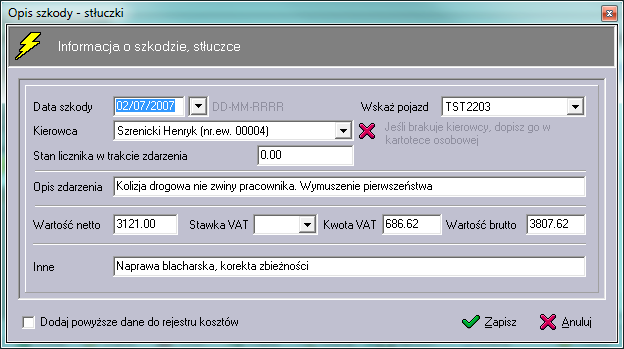 kwota VA wartość brutto przypisane do pojazdu data kolejnej wymiany Pole wyboru czy w magazynie?