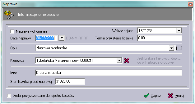 wskaż pojazd kierowca stan licznika w trakcie zdarzenia opis zdarzenia ekst wartość netto stawka VA kwota VA wartość brutto inne ekst dodaj powyższe dane do rejestru kosztów Specjal ne Jeden z