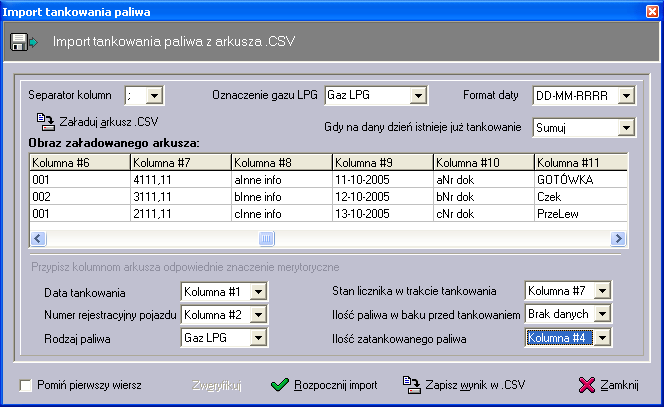 Po wczytaniu do programu pliku.csv (przycisk Załaduj arkusz.csv ) wybieramy format daty jaki zastosowano w arkuszu.