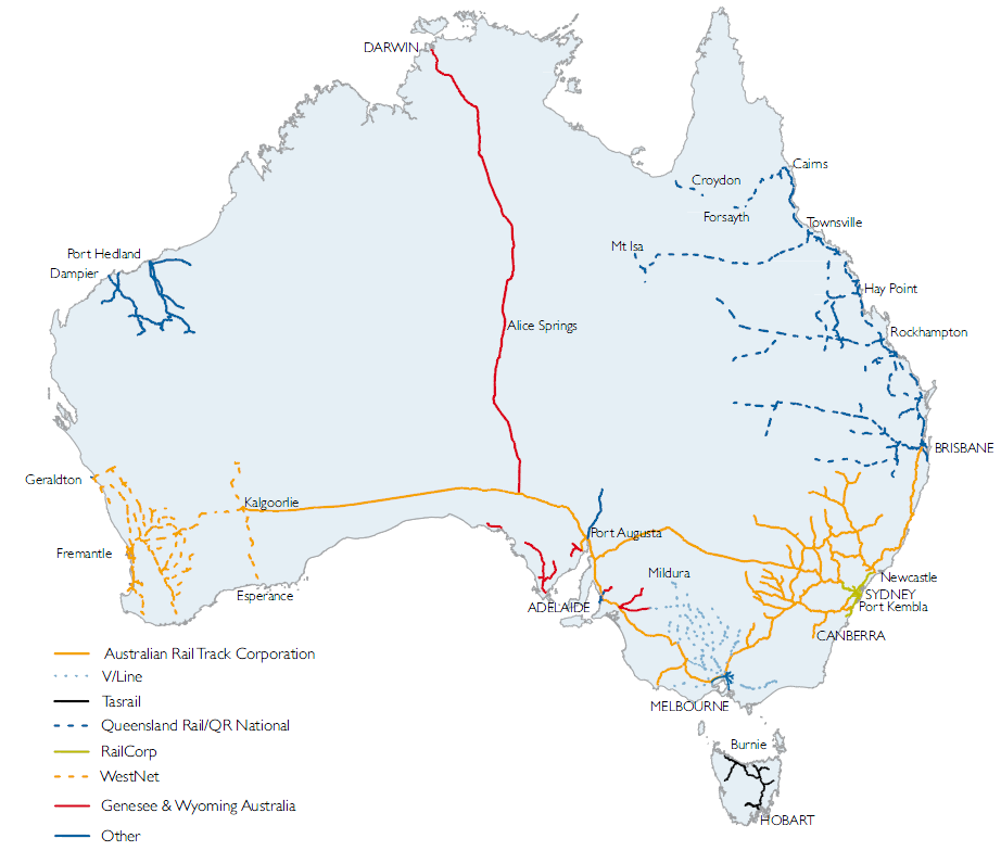 Ryc. 5 Mapa głównych linii kolejowych Źródło: http://www.bitre.gov.au/publications/2011/files/stats_004.