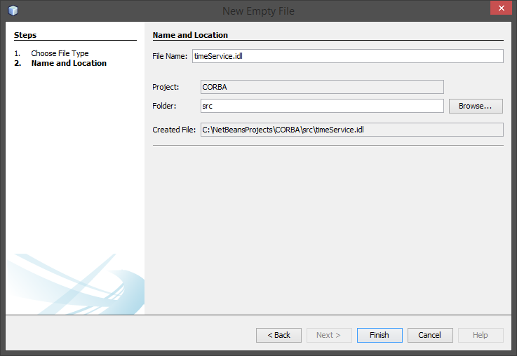4. W oknie Projects kliknij prawym przyciskiem myszy na nazwie projektu CORBA i z menu kontekstowego wybierz New Empty File... Wprowadź nazwę pliku timeservice.