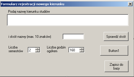 5.5. Obsługa kierunku studiów 5.5.1. Rejestracja nowego kierunku studiów 109 Formularz frmnowykierunek pozwala na pobranie od użytkownika danych nowego kierunku studiów.