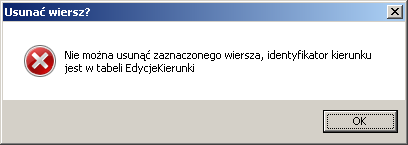 120 Klik przycisku Tak spowoduje usunięcie wskazanego kierunku studiów z tabeli Kierunki. W pokazanej niżej sytuacji widzimy, że kierunek O wykorzystaniu metod matematycznych w został usunięty.