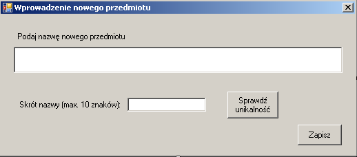 125 5.6. Obsługa przedmiotów 5.6.1. Rejestracja nowego przedmiotu Formularz frmnowyprzedmiot został zaprojektowany w celu umożliwwienia rejestracji w bazie danych nazw nowych przedmiotów i skrótów tych nazw.