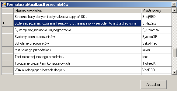 132 Poniżej widok instancji formularza frmedycjaprzedmiotu, naszym zamiarem była edycja nazwy przedmiotu Style zarządzania, rozwijanie kreatywności, analiza ról w zespole, z uwagi na konieczność