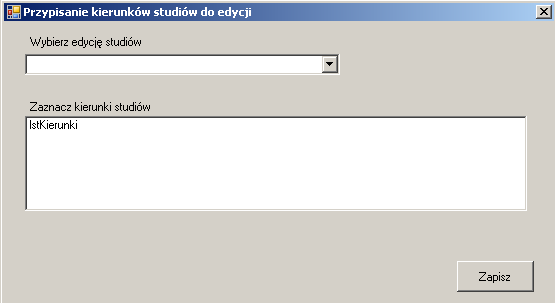 134 5.7. Skojarzenia 5.7.1. Skojarzenie edycji i kierunków studiów Formularz frmedycjakierunki został zaprojektowany w celu powiązania edycji studiów z kierunkami przewidzianymi do zrealizowania w ramach danej edycji.