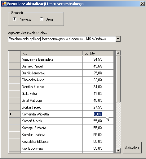250 6.11.4. Aktualizowanie wyników testu semestralnego Tym razem formularz pracuje w trybie edycji wyników testu wstępnego.