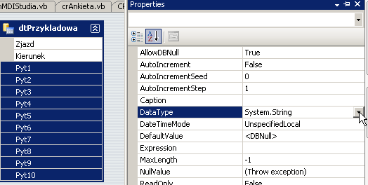 298 Po zaznaczeniu kolumny Zjazd otwieramy okno właściwości i odszukujemy właściwość DataType, jak wcześniej wspomnieliśmy domyślnie ustawiony jest typ tekstowy, a my musimy mieć liczbę całkowitą.