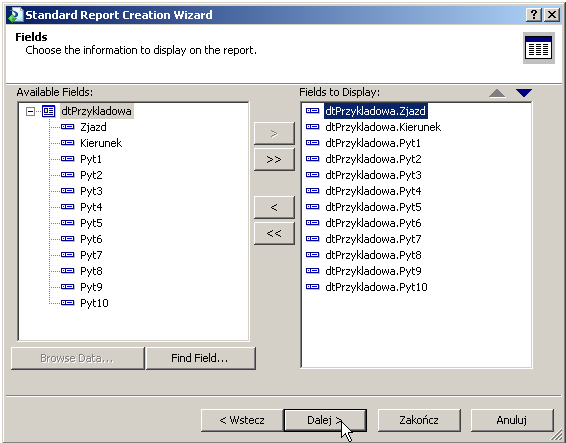 301 (klik na symbol krzyżyka), a następnie przyciskiem oznaczonym podwójnym znakiem większości przenosimy wszystkie pola do listy Fields to Display.