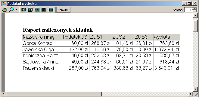 359 8.9.3. Widok raportu składek Powiedzmy, że ostatnia czynność przygotowania przelewów płacowych dotyczyła pracowników administracyjnych, w takim razie w tabeli tempskladki są jeszcze ich dane.