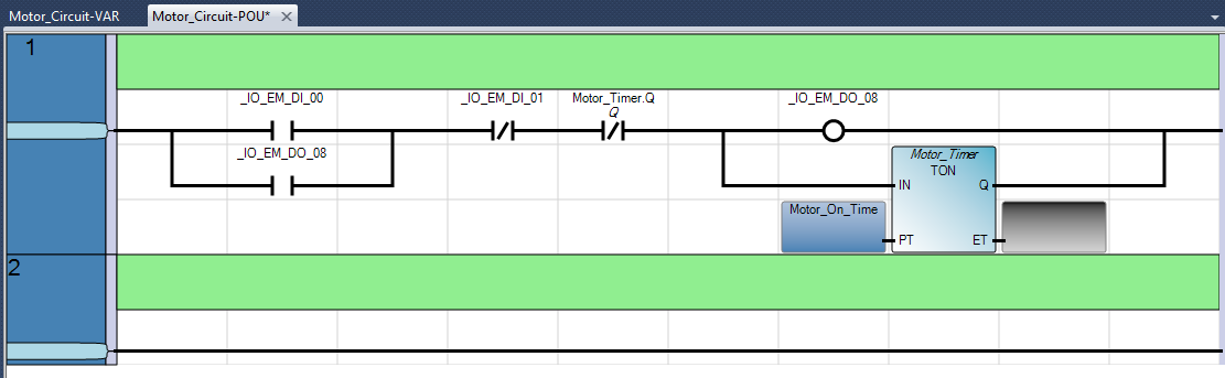 15. Zlokalizuj instrukcję Rung w sekcji Toolbox. 16. Przeciągnij i upuść instrukcję Rung pod linią 1. 17.