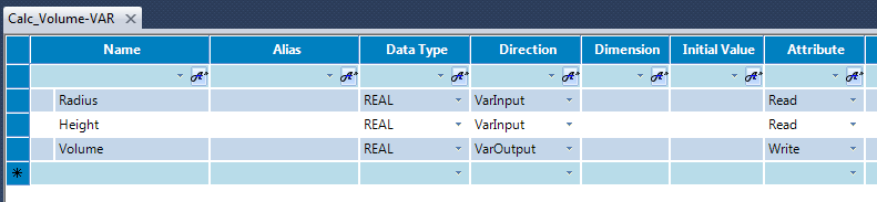 6. Wykonaj to samo dla drugiego wejścia: Name: Height, Data type: REAL 7. Aby utworzyć wyjście wciśnij przycisk New Output w oknie Parameters. Wprowadź name: Volume i Data type: REAL.