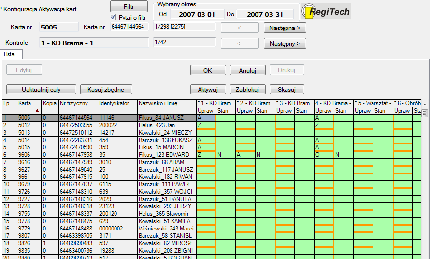 6. SR-RegiTech KS SR-RegiTech - Instrukcja użytkownika 6.5. Aktywacja kart Funkcja Aktywacja kart służy do programowania kart na kontrolerach przypisanie kontrolerom kart o odpowiednim statusie.