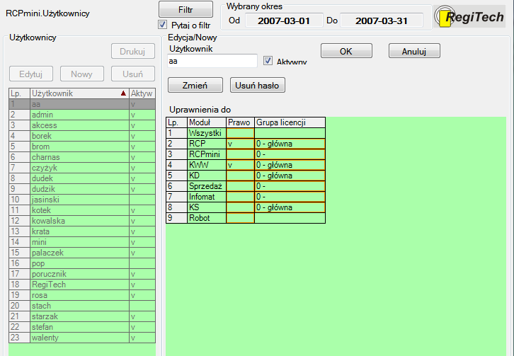 6. SR-RegiTech KS SR-RegiTech - Instrukcja użytkownika 6.7. Użytkownicy Funkcja Użytkownicy służy do dodawania nowych użytkowników którzy będą mieli dostęp do programu.