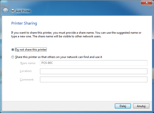 Wpisać nową nazwę drukarki lub pozostawić domyślną: Jeżeli drukarka