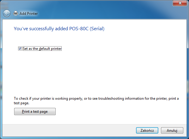 Jeżeli drukarka ma pozostawać drukarką domyślną, to należy pozostawić zaznaczoną poniższą opcję: Na tym etapie