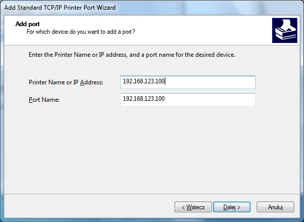 Kliknąć przycisk Dalej Następnie należy podać adres IP