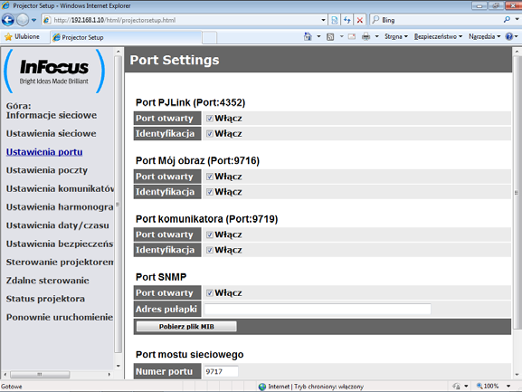 3. Regulacja Internetowa 3.1 Sterowanie Web projektora (ciąg dalszy) 3.1.4 Ustawienia portu Wyświetla i konfiguruje ustawienia portu komunikacji.