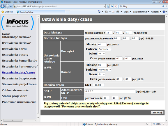 7. Inne funkcje 7.3 Planowanie zdarzeń (ciąg dalszy) Ustawienia daty/czasu ( 30) Ustawienia daty/czasu mozna regulować poprzez przeglądarkę internetową.