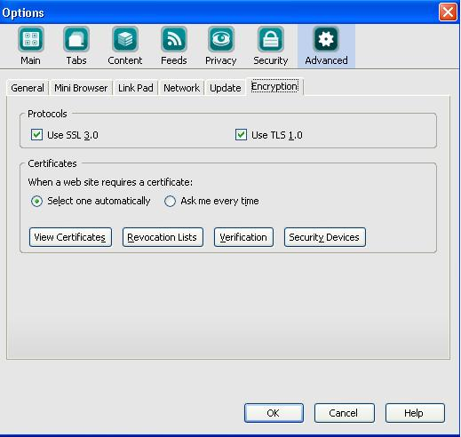 Konfiguracja protokołów SSL. W opcji Advanced w sekcji Encryption i zaznaczyć parametry: Use SSL 3.0, Use TLS 1.0 oraz zatwierdzić wprowadzone zmiany przyciskiem OK. Konfiguracja cache przeglądarki.