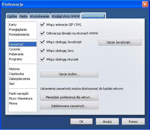 Włącz obsługę JavaScript po kliknięciu przycisku Opcje JavaScript.