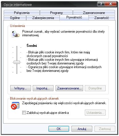 W zakładce Prywatność: w części Ustawienia po naciśnięciu przycisku Domyślne zaleca się wybrać ustawienie prywatności dla strefy internetowej na Średni,