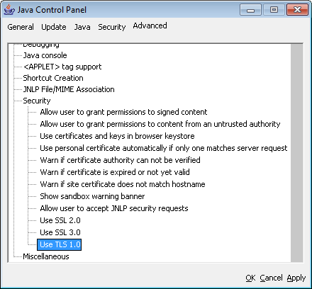 Java wersja1.5.0_6 do 1.5.0_21 1. Przejdź do panelu Java Control Panel (można go odnaleźć klikając bądź wyszukując Java w Panelu Sterowania) 2. Przejdź do zakładki Advanced (Zaawansowane) 3.