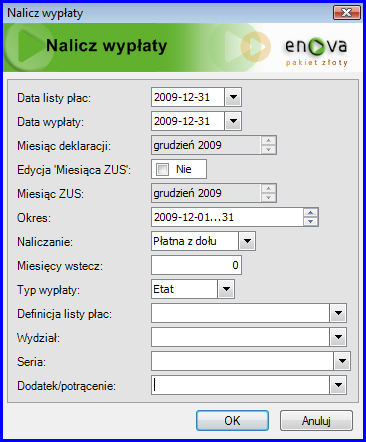 Rys. 76 Lista pracowników - naliczanie wypłat Definicja listy. Naliczane wypłaty mogą zostać ograniczone wyłącznie do wypłat, które są przypisane do wybranej definicji list płac.