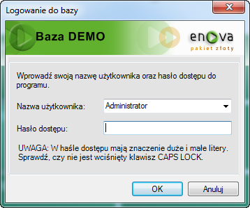 Rys. 3 Logowanie do bazy danych W przypadku, gdy nie chcemy stosować tego mechanizmu zabezpieczeń możemy uprościć uruchamianie programu przez jednokrotne podanie operatora i hasła, na którym program