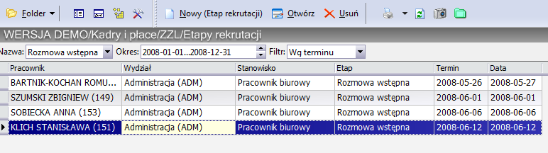 Rys. 105 Lista etapów rekrutacji Standardowo na pasku wyświetlana jest lista: Pracownik - Imię i nazwisko. Wydział - Wydział na który kandydat ma być zatrudniony.