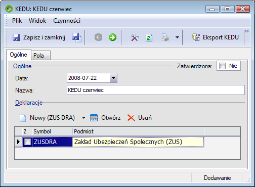 Rys. 114 Deklaracje ZUS KEDU Wprowadzona w tym miejscu data ma wyłącznie znaczenie informacyjne (porządkowe) i nie będzie w żaden sposób wpływała na zawartość pliku KEDU.