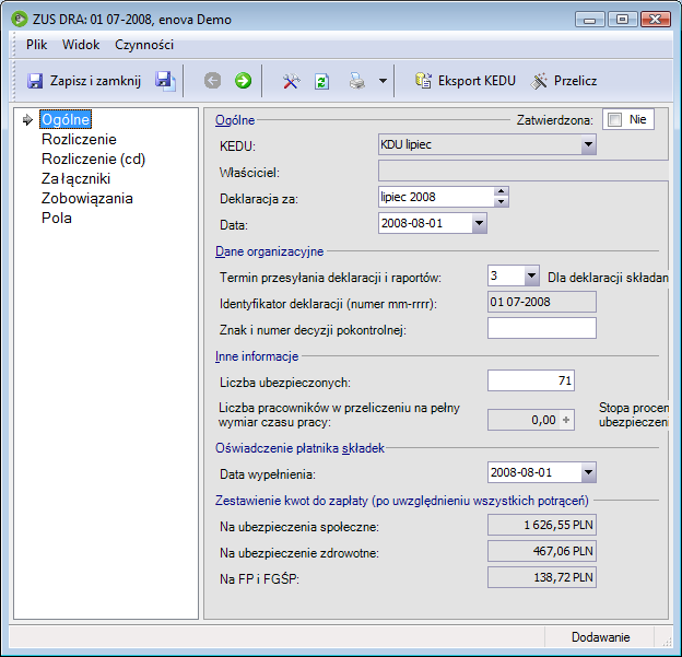 Rys. 115 Deklaracje ZUS - DRA Pozostałe pola formularza zostaną automatycznie uzupełnione przez program po uruchomieniu funkcji Przelicz.