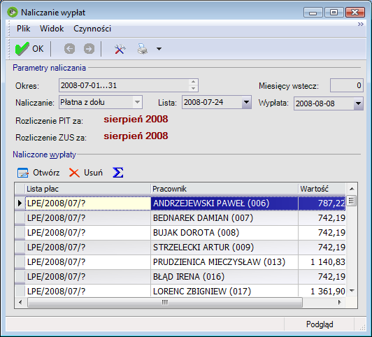 Rys. 126 Lista zrealizowanych wypłat Do zapisania naliczonych wypłat używamy kombinacji klawiszy <Ctrl+S> lub przycisku Zapisz i zamknij.