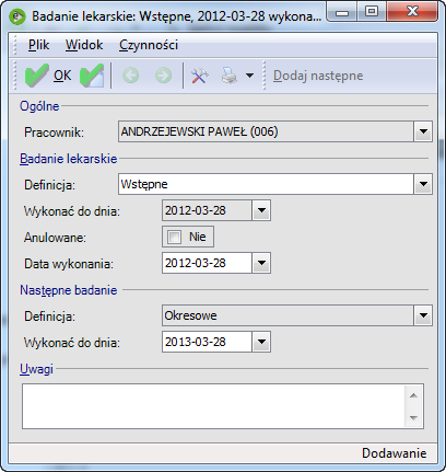 Rys. 21 Pracownik - badanie lekarskie Dla odnotowania kolejnego badania okresowego wypełniamy pole Wykonać do dnia w części Następne badania.